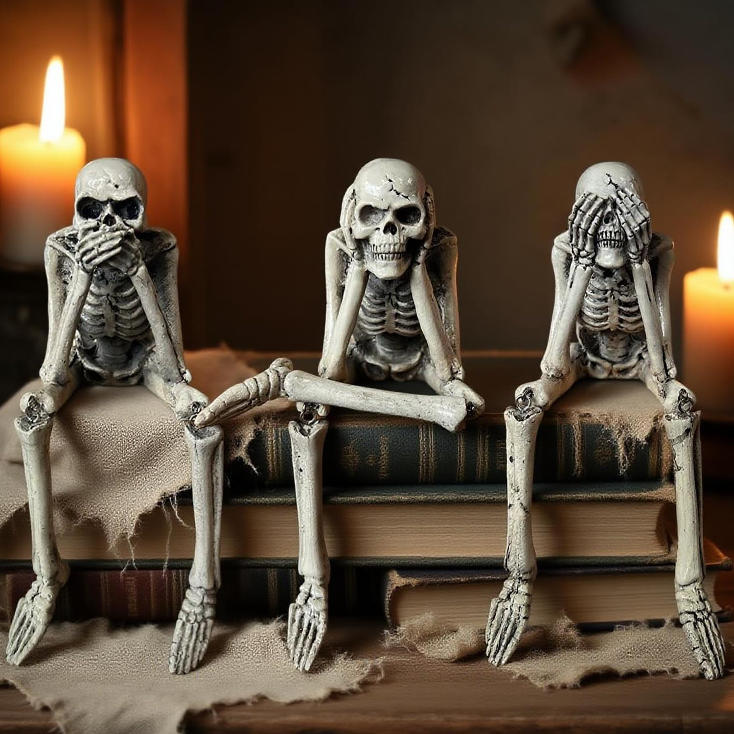 Halloween See Hear Speak No Evil Skeletons Statues,3Pcs/7.5 INCH
