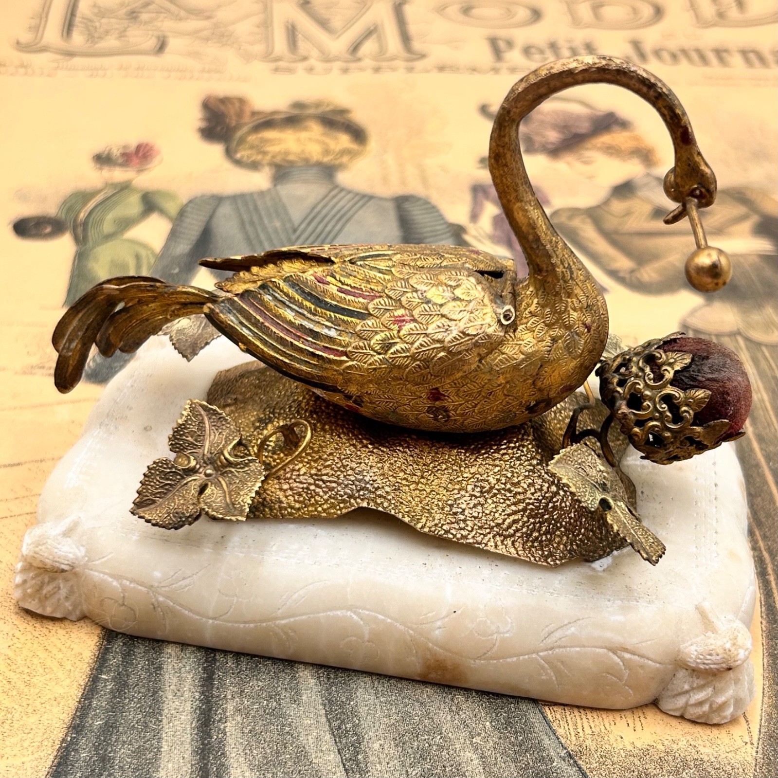 19th Century French Palais Royal Ormolu swan sewing thimble holder pin cushion