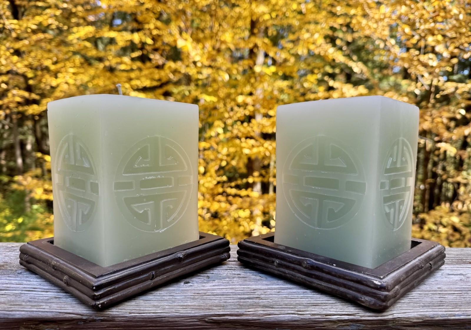Vintage Austin Productions Bamboo Candle Trays With Chinese Celadon Jade Candles