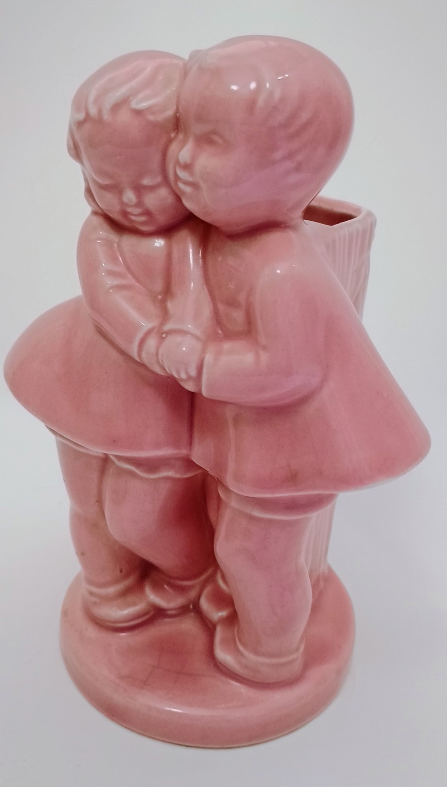 Vintage Pink Art Pottery Vase Planter Pencil Holder Boy & Girl Figure 1950-60s