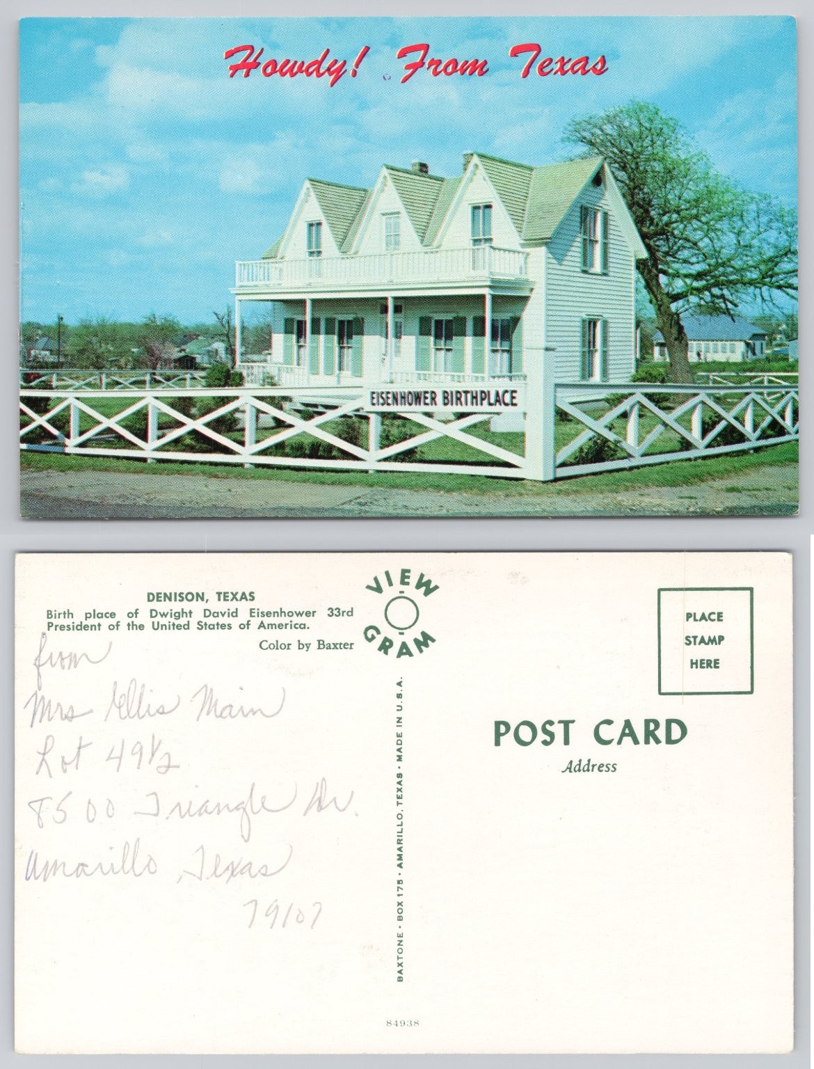 Eisenhower Birthplace Denison Texas Postcard Howdy From Texas View-Gram
