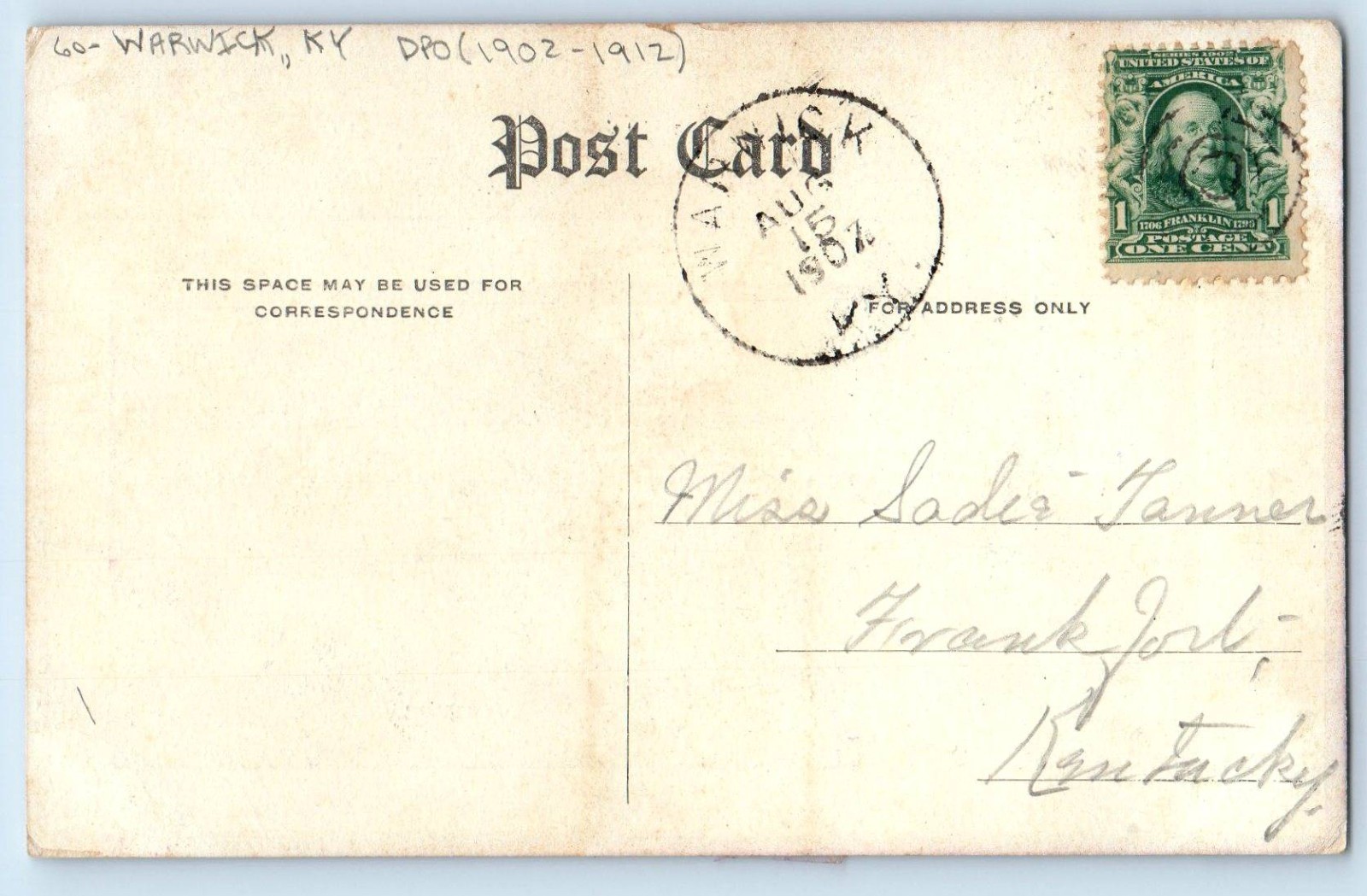 1907 Edwardian Pretty Woman Curly Long Hair Warwick KY DPO (1902-1912) Postcard