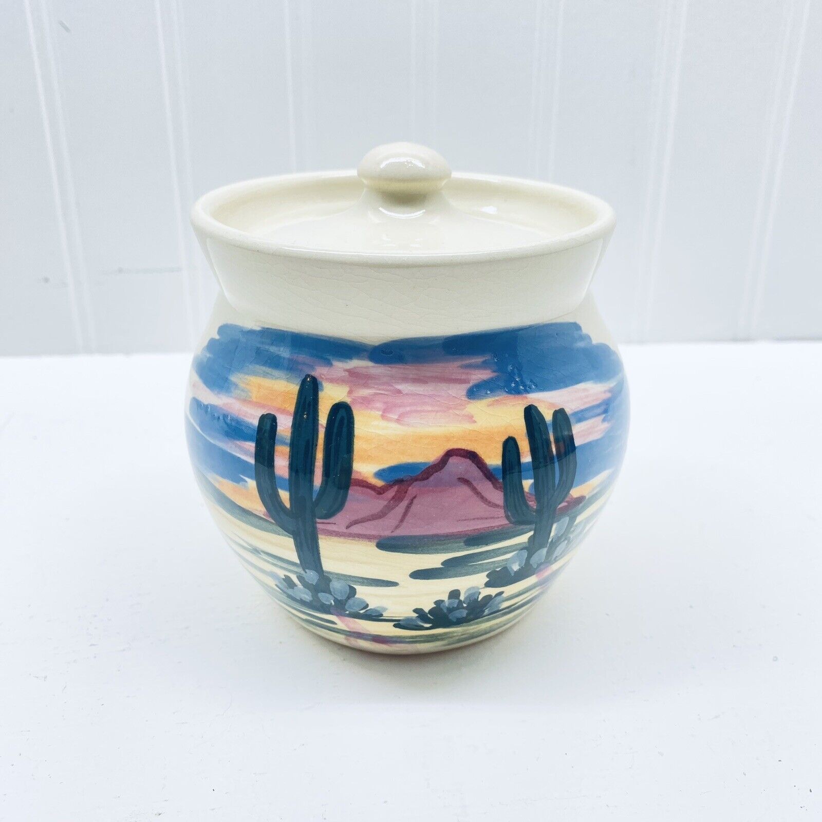 Vintage Ceramic Art Pottery Jar Cow Creek Cactus Southwest Jar With Lid