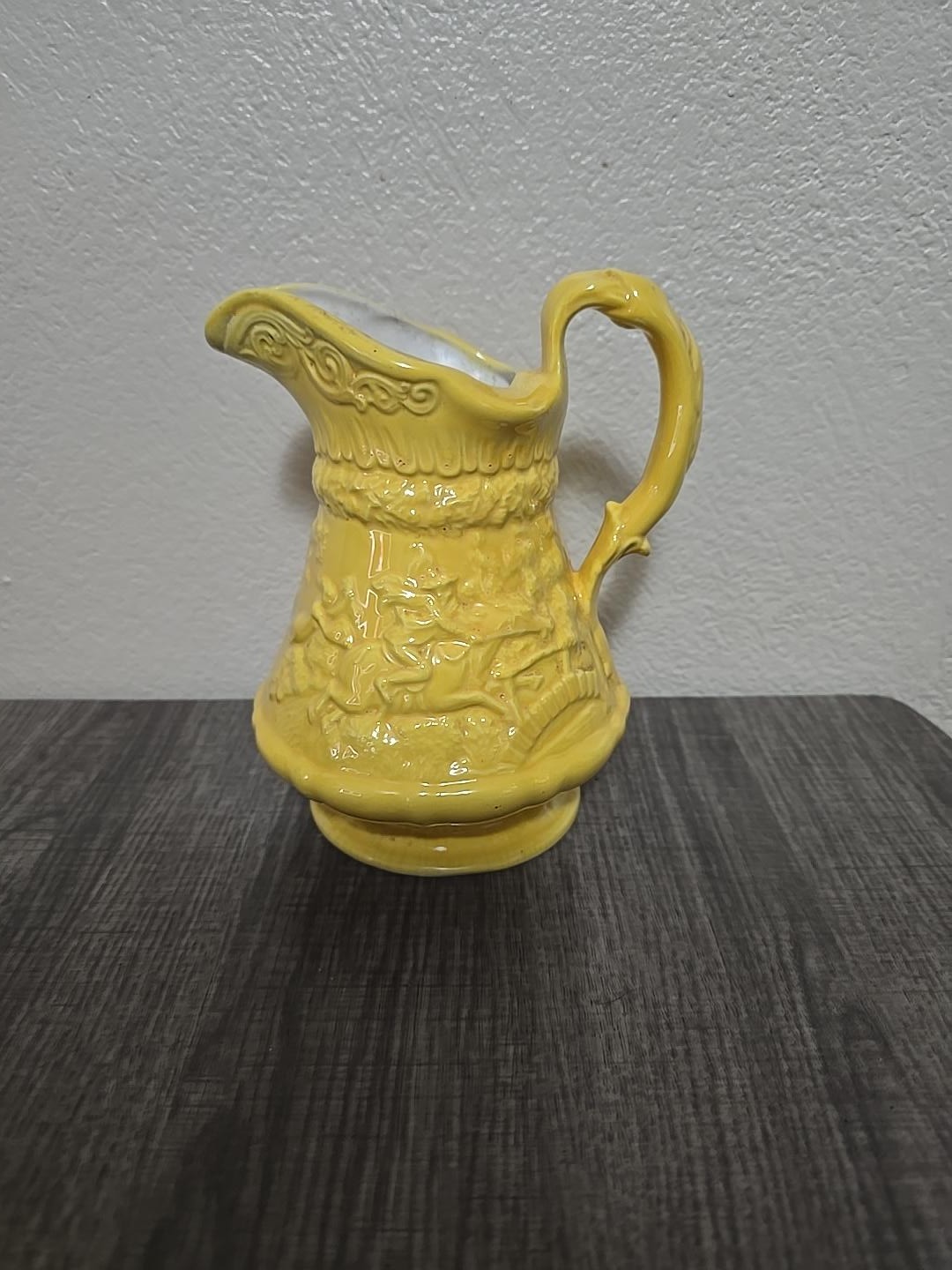 Vintage Yellow Glazed Ceramic Pitcher Hunting Scene Raised Relief Decorative Jug
