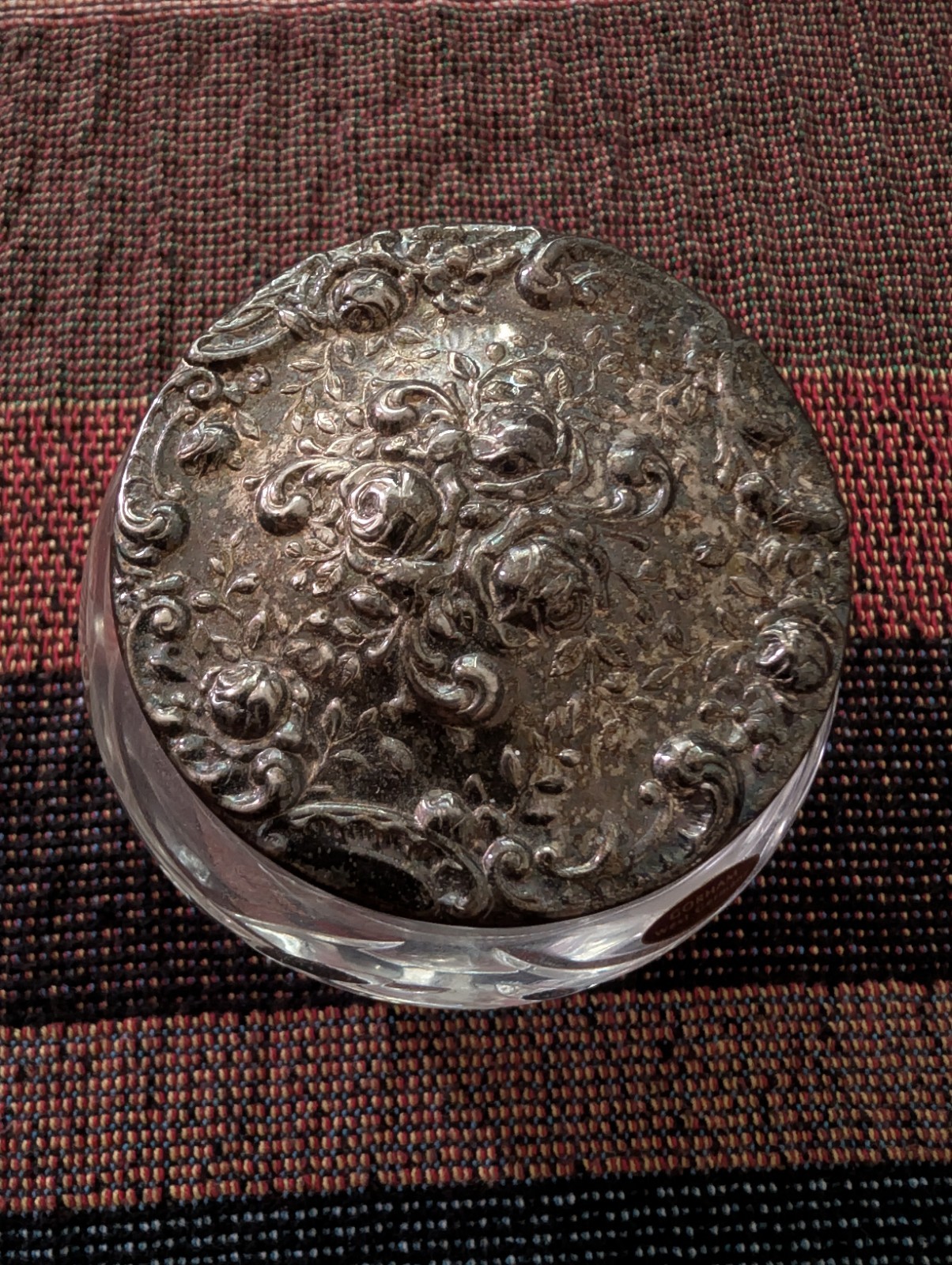 Vintage GORHAM West Germany Cut Crystal Jar Silver Plate Lid W/Rose Repousse 