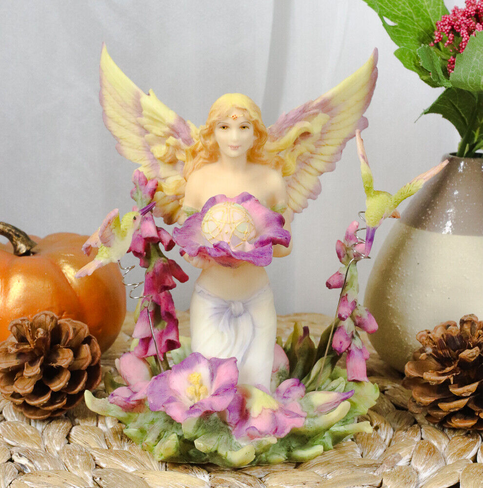Ebros Jody Bergsma Faith Fairy Purple Flower with Hummingbirds Statue 5.75
