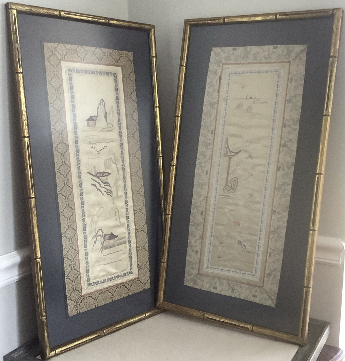 VTG Pair of Chinese Asian Silk Pagoda Garden Scene Embroidered Panels Framed