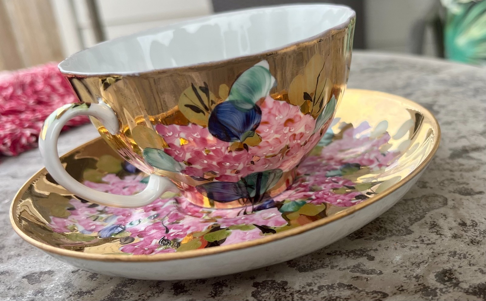 Signed Artist Dulevo Porcelain Cup & Saucer Vintage Russian Soviet Gold Floral