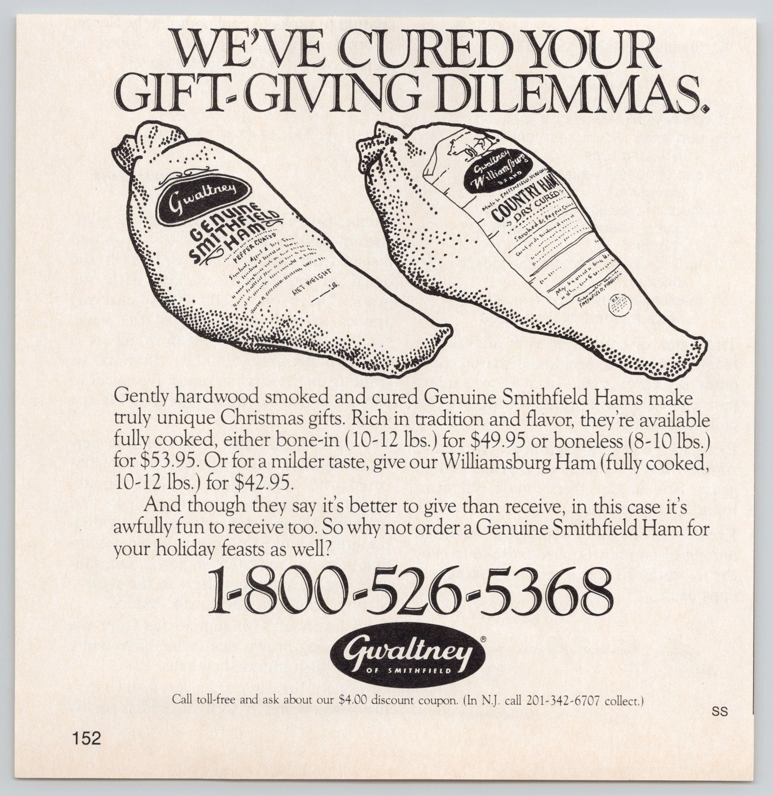 Gwaltney Smithfield Ham Country Williamsburg Holiday Feasts 1987 Print Ad