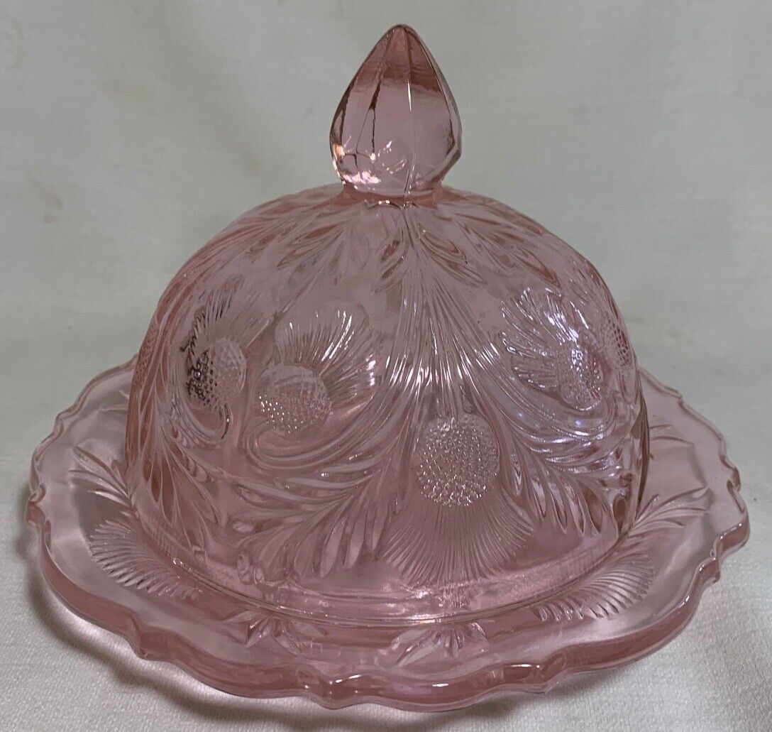Butterdish - Inverted Thistle Pattern - Passion Pink Glass - Mosser USA