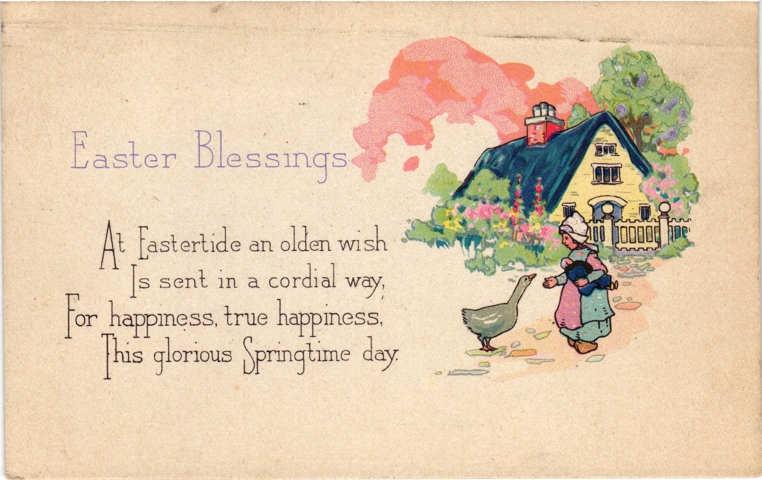 Vintage 1925 Easter Blessings Postcard Cottage  Girl with Goose