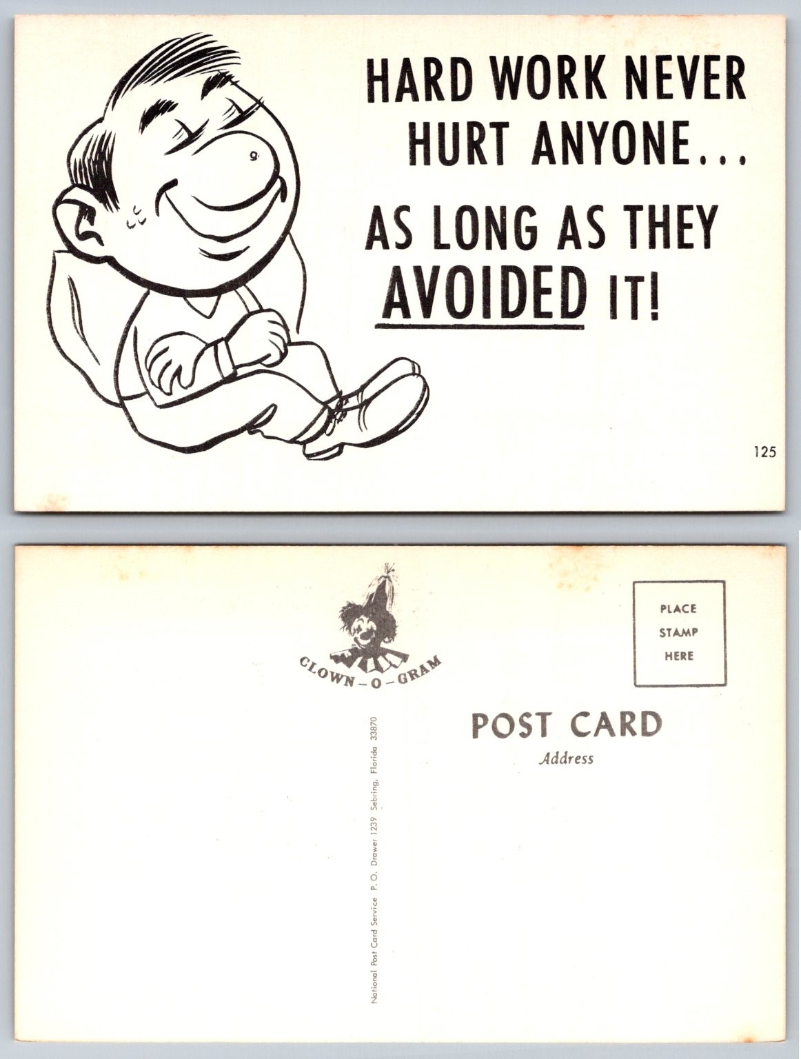 Funny Anti-Work Cartoon Postcard Vintage Humor Clown-O-Gram Sebring FL Funny Anti-Work Cartoon Postcard Vintage Humor Clown-O-Gram Sebring FL