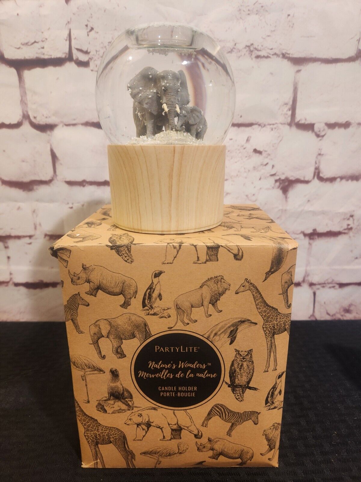 party lite snow Candle Holder Snow Globe Elephant . NIB. Opened To Show Pictures