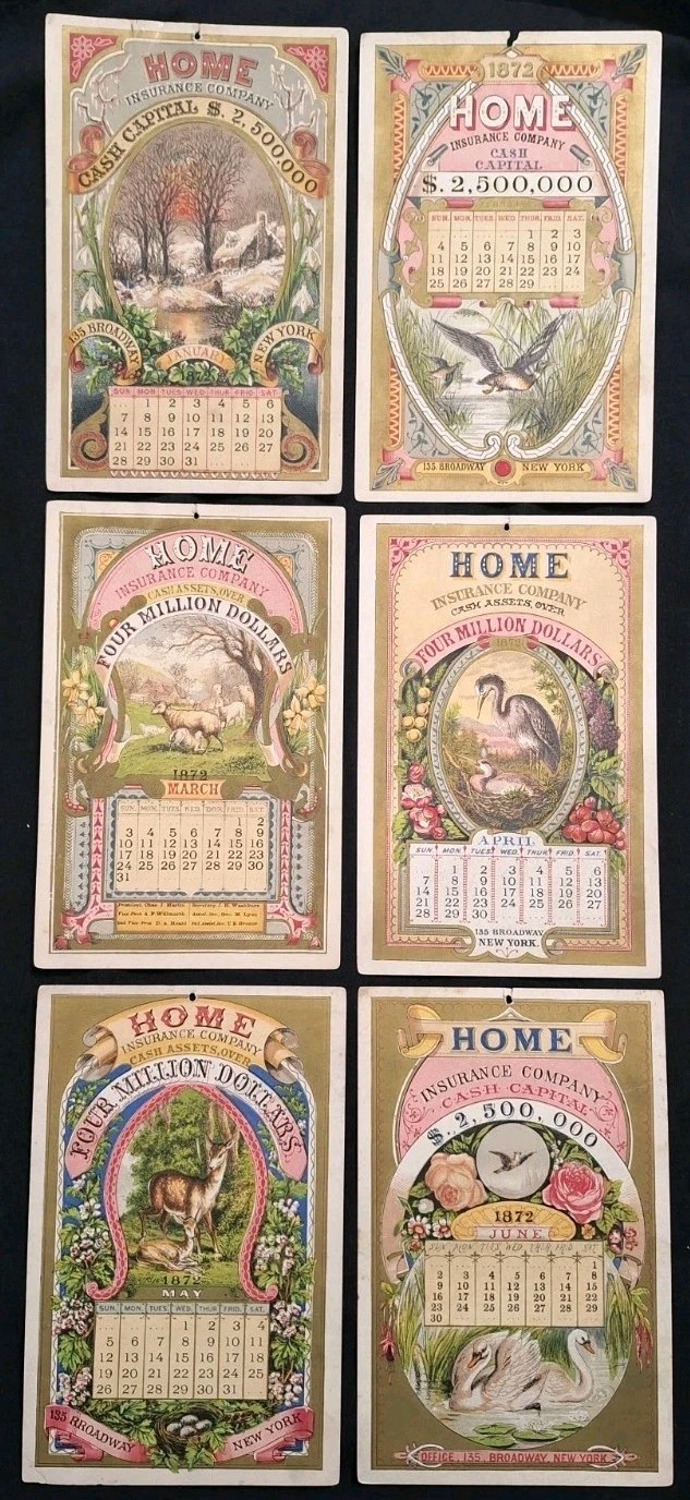 1872 Victorian HOME INSURANCE CO. Promotional 12 Month CALENDAR COMPLETE *RARE*