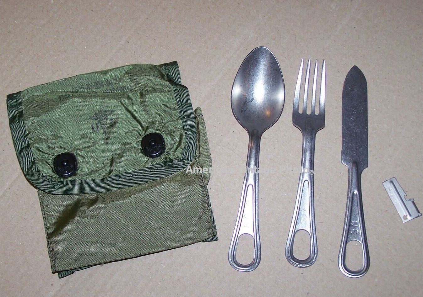 Mess Spoon Fork Knife Utensil & P38 USA Military USMC in Medic Pouch Case USA
