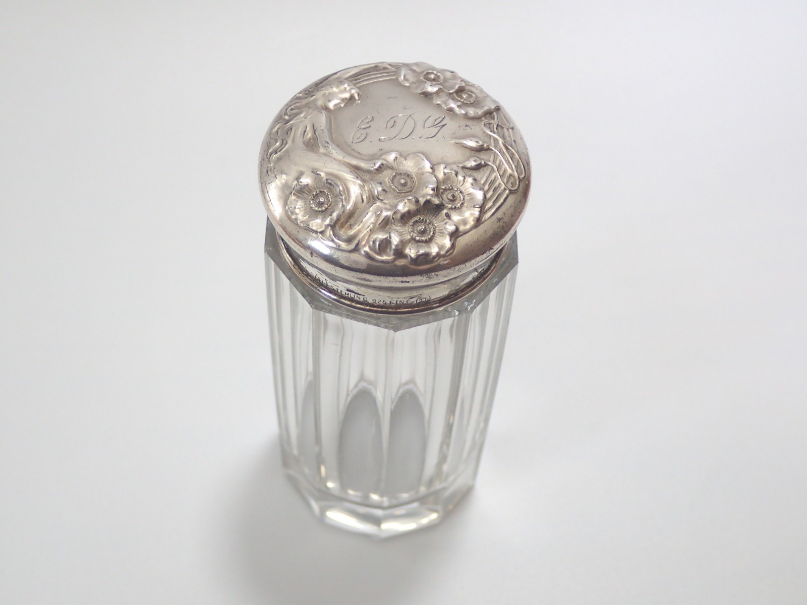 Antique Unger Brothers Silver and Crystal Vanity Jar Powder Dispenser