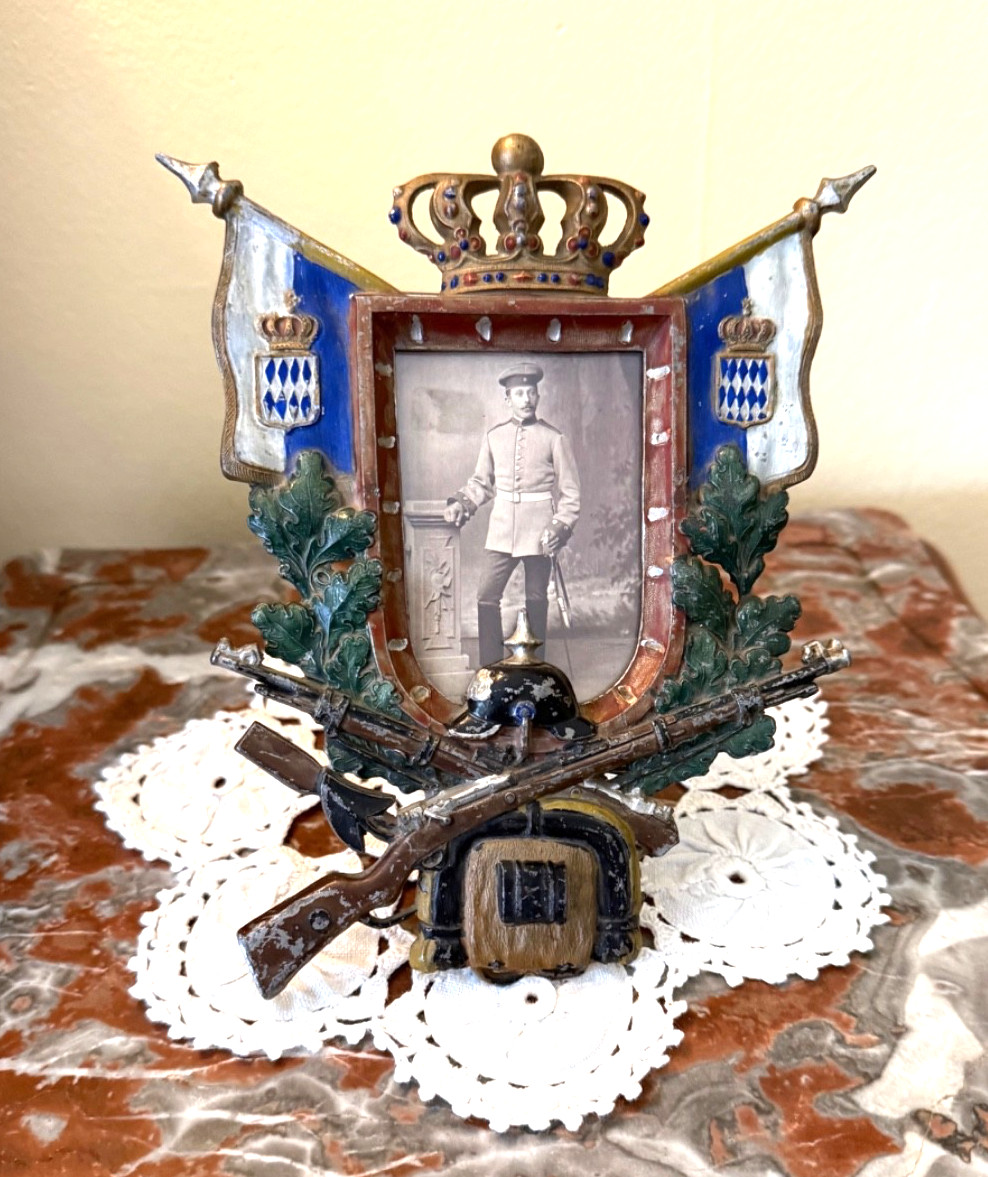 WWI Imperial German Bavarian Metal Picture Frame Pickelhaube Helmet Rifle Sword