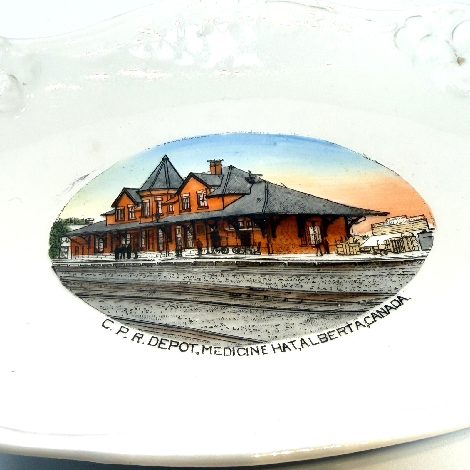 Antique C. P. R. DEPOT, MEDICINE HAT ALBERTA Canada Train Souvenir Plate Dish
