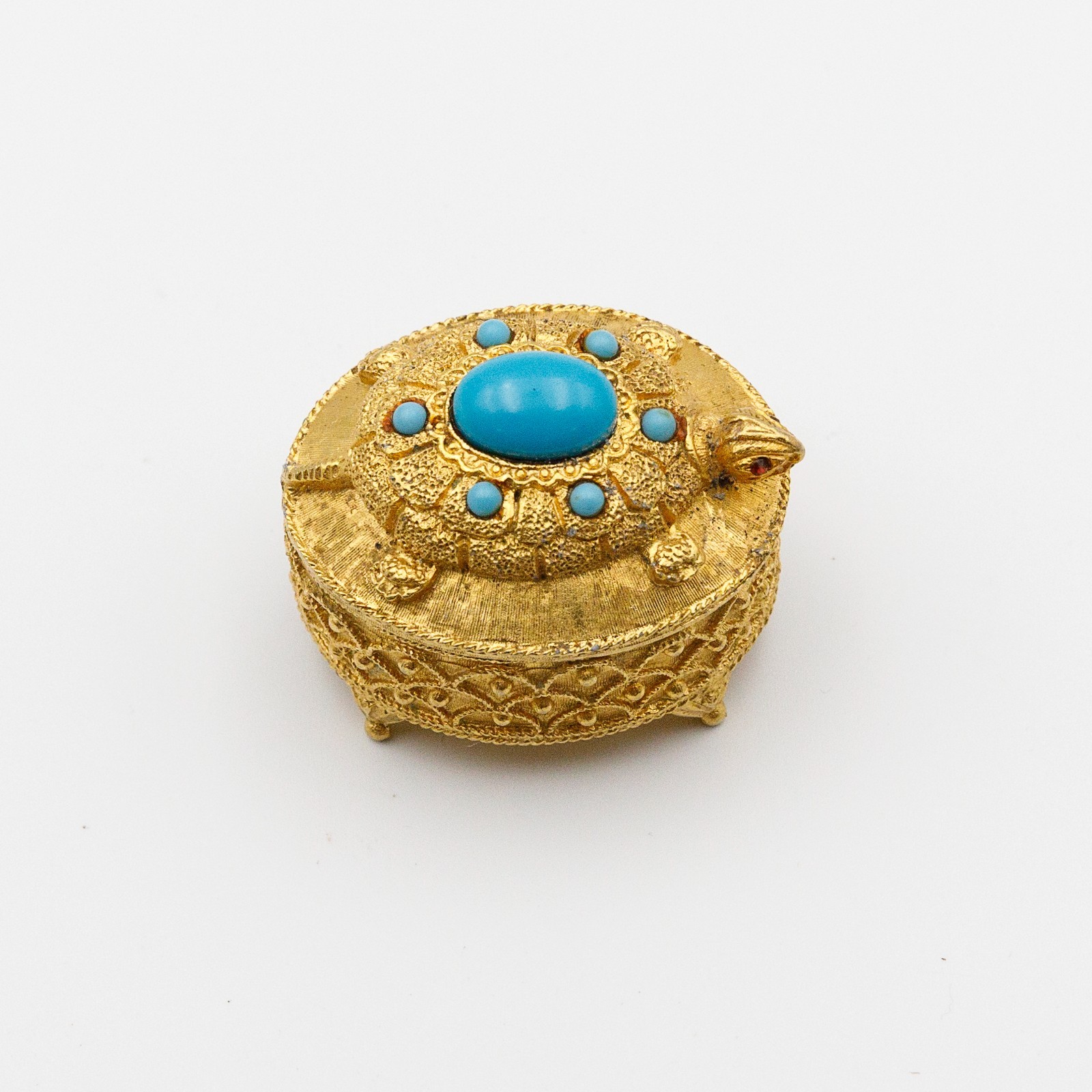 Vintage Signed Florenza Turtle Pill Trinket Box Gold Tone Faux Turquoise