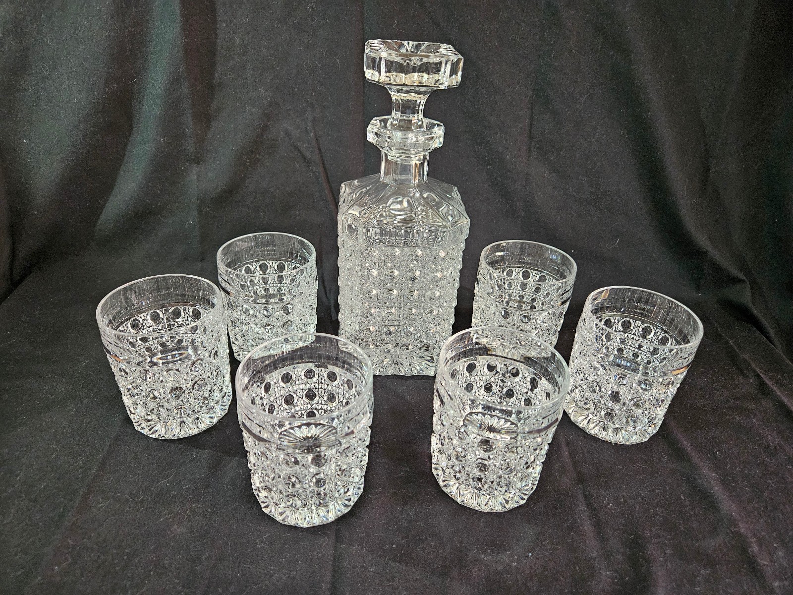 Antique Rare McKee Cane Clear Square Decanter Set W/6 Rock Glasses