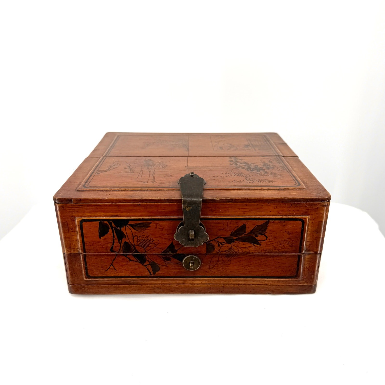 Vintage 1960s Chinese Brown Wood Hand Painted Secret Compartment Jewelry Box