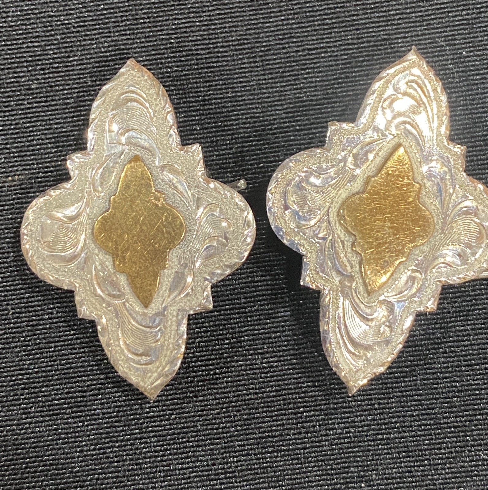 VTG Hand Crafted Silver Overlay Gold Brass tone Conchos 1  1/2”x 1”