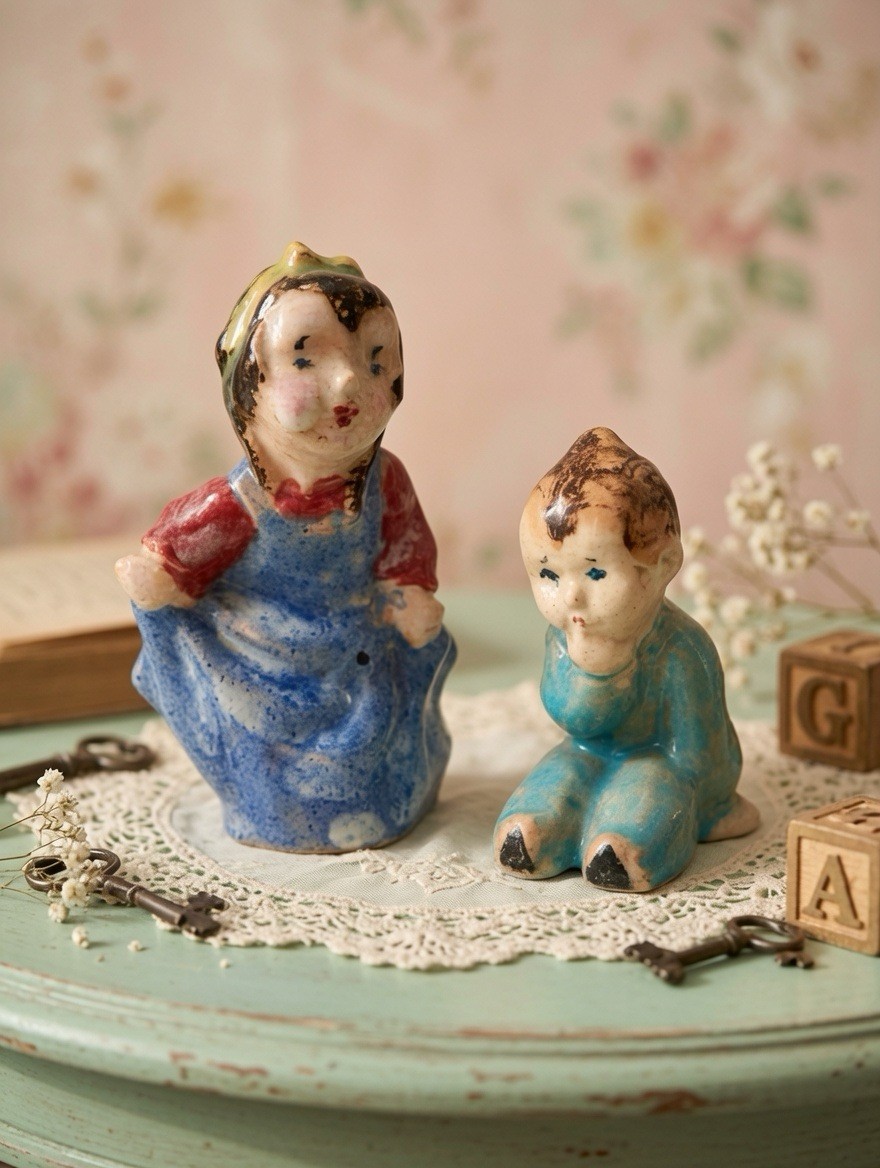 Adorable Vintage Art Pottery Girl & Baby Figurines Signed SS