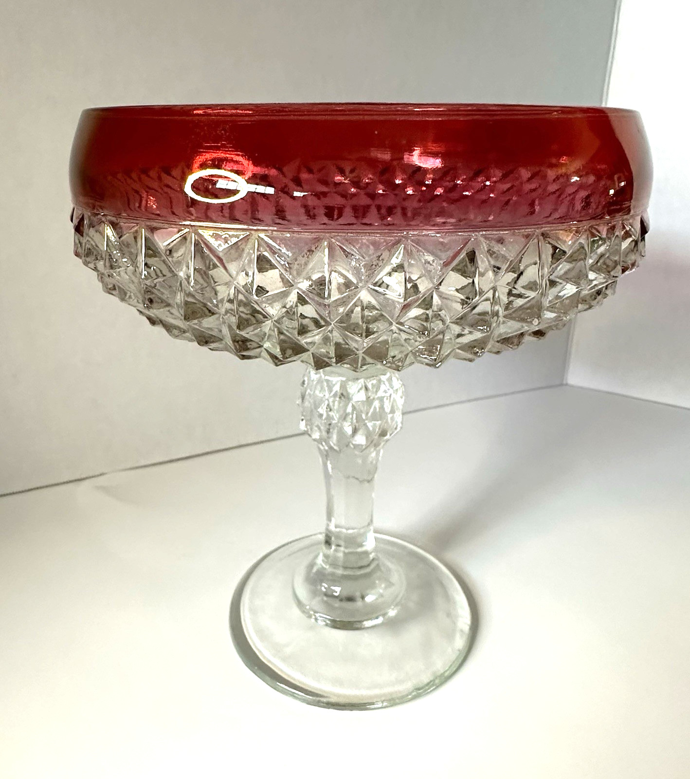 Indiana Glass Diamond Point Ruby 7 1/4in Candy Dish Pedestal Compote 1970-80's