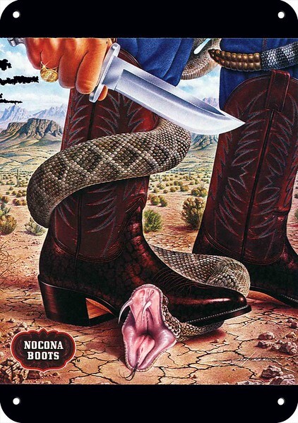 1979 NOCONA BOOTS Cowboy & Knife & Rattlesnake DECORATIVE REPLICA METAL SIGN
