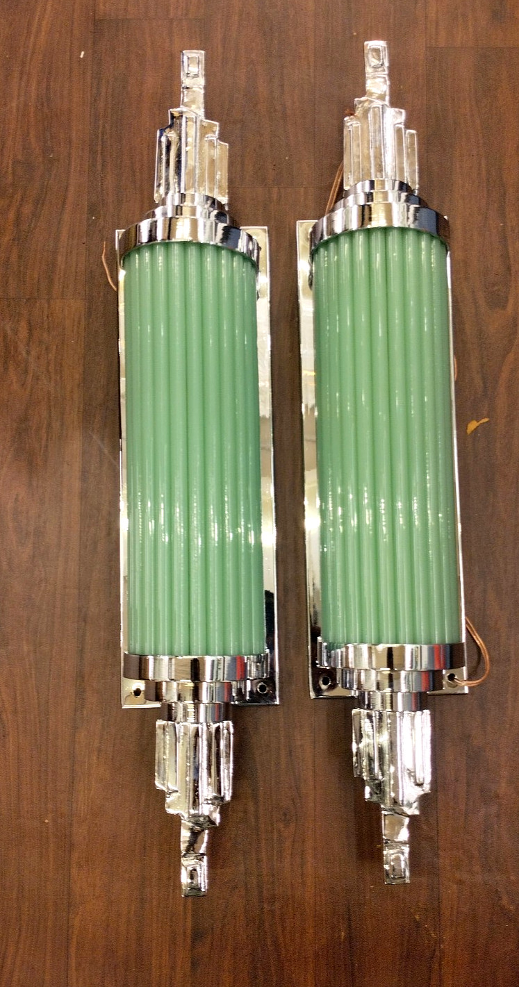 1 PC VINTAGE ART DECO JED GREEN NICKEL BRASS & GLASS ROD WALL SCONCE LIGHT #A89