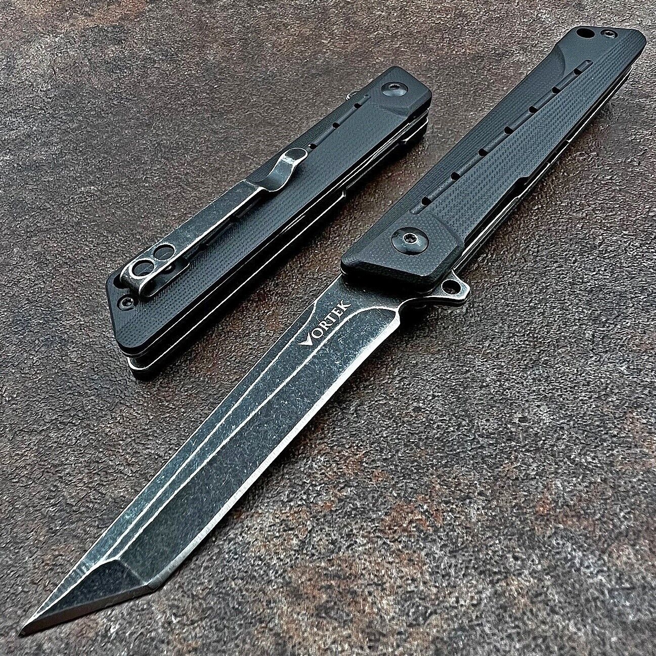 VORTEK TANGO Black G10 Tanto Blade Ball Bearing Flipper EDC Folding Pocket Knife