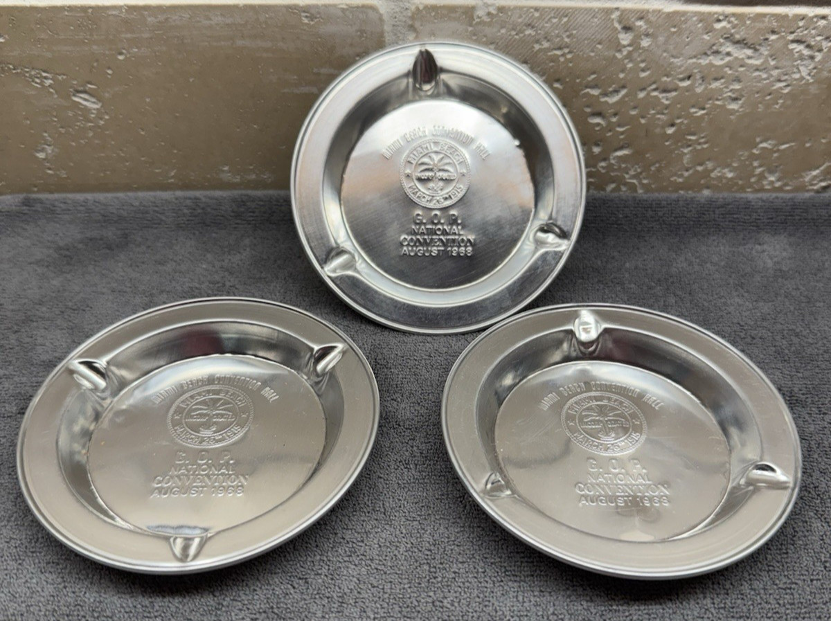Vintage 1968 GOP Republican Convention Miami Beach Tin Ashtrays 3 Vintage 1968 GOP Republican Convention Miami Beach Tin Ashtrays 3