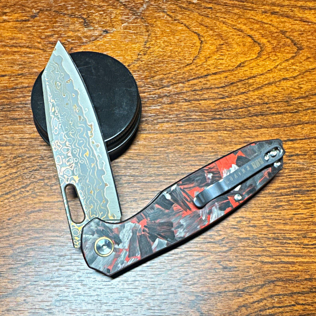 BNB Knives Copper Phoenix Damascus Folding Knife Button Lock Carbon Fiber