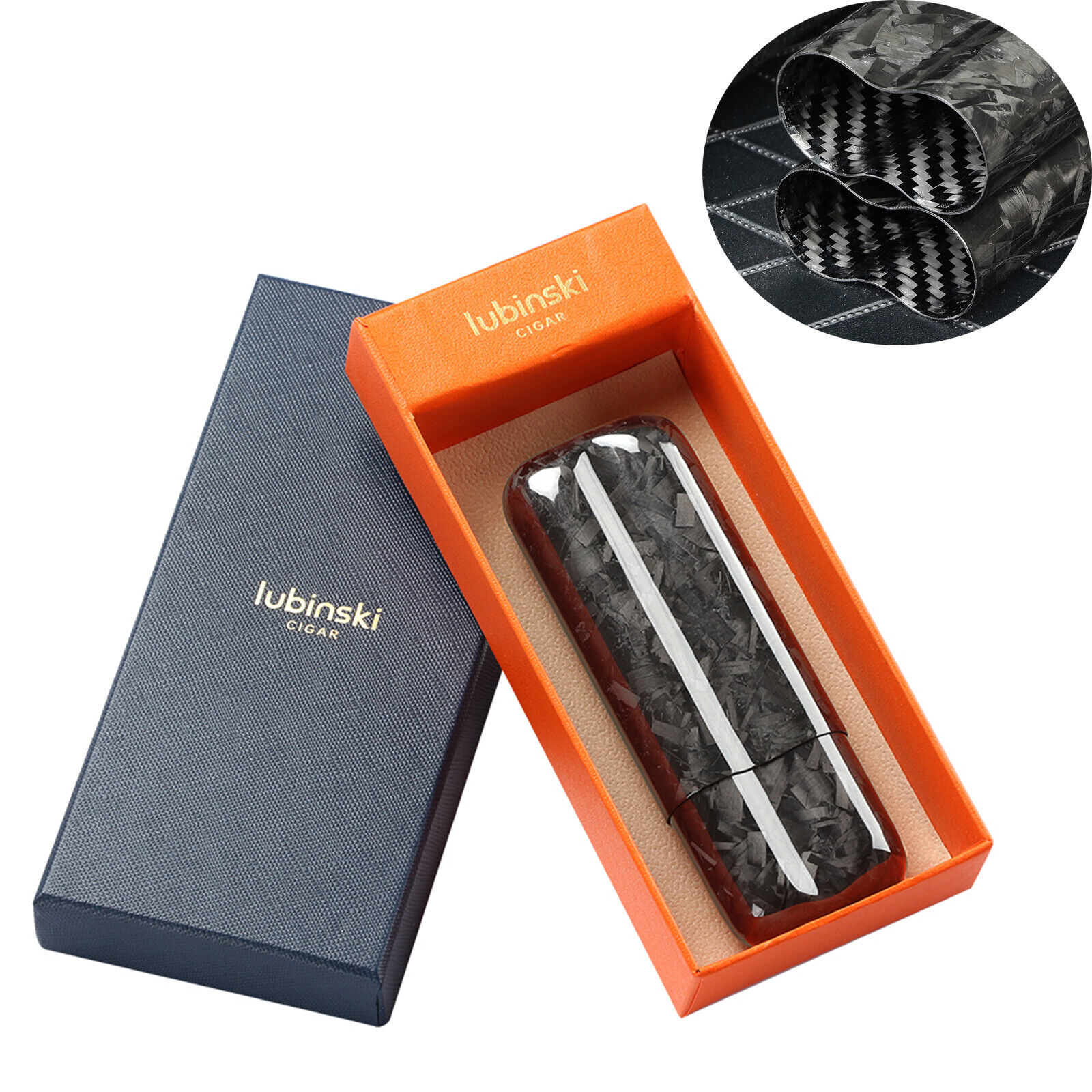 LUBINSKI Black Travel Cigar Case Carbon Fiber Humidor Holder 2 Count W/ Gift Box