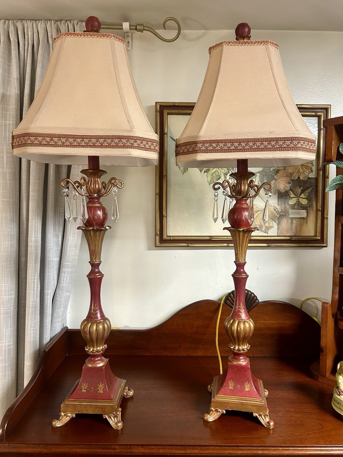 Pair Warwick PT5634-D Table Lamps Red Gold Crystal Prisms 36\