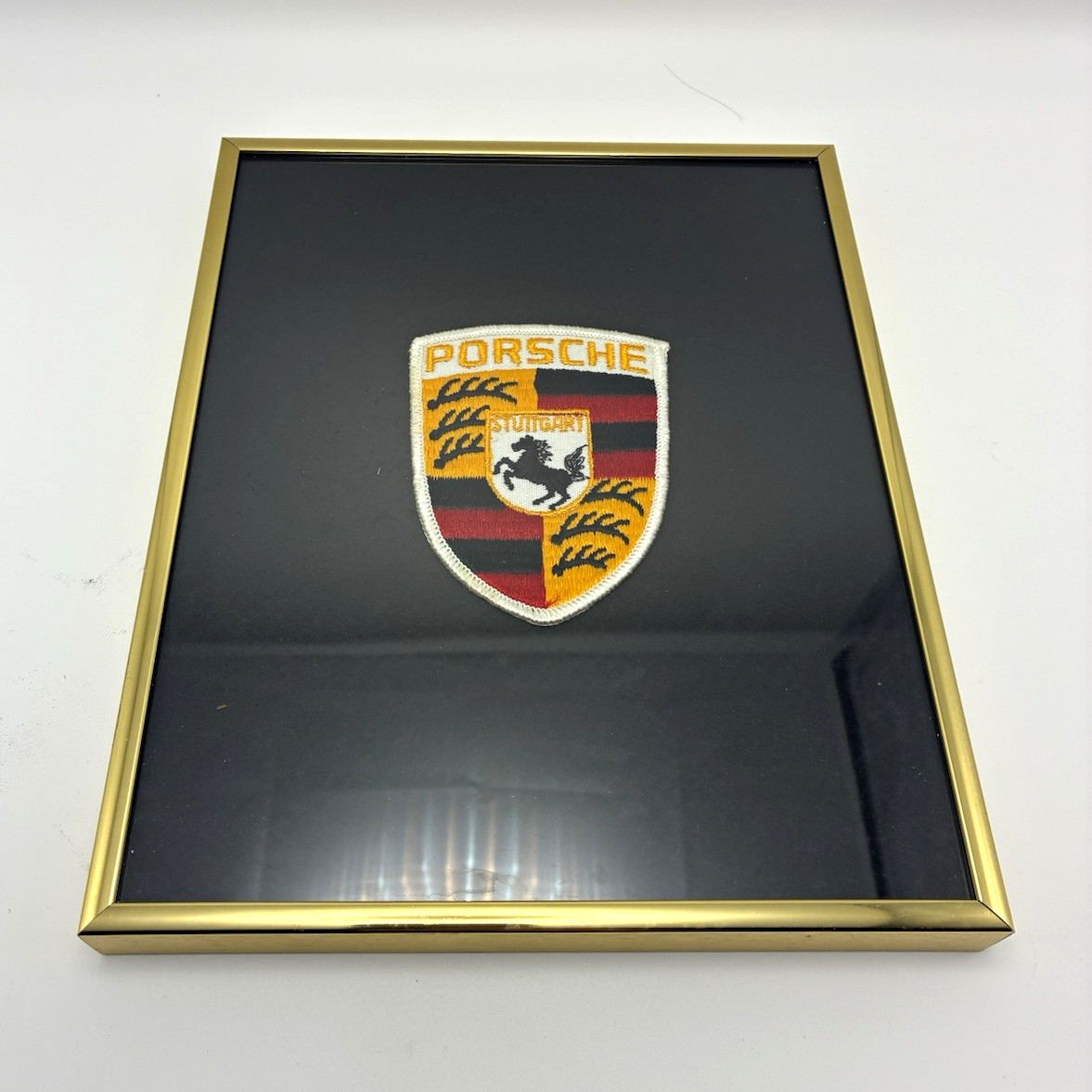 Vintage Porsche Crest Embroidered Patch Framed Wall Art Gold Nielsen Metal Frame