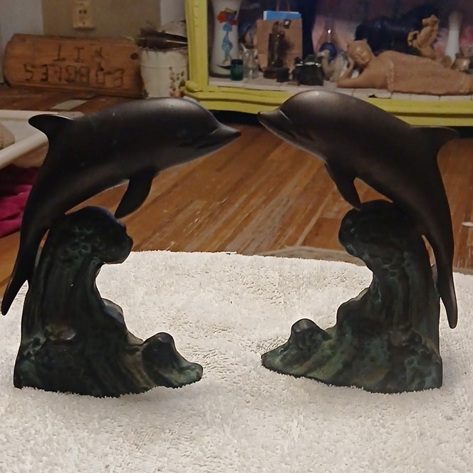 Metal Dolphin Figurines Pair (2 Pieces) on Wave Bases, Dolphin Animal Class