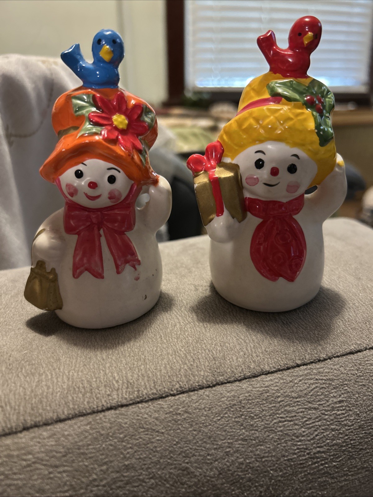 Vintage Napco Snowman Couple Christmas Bells Figurines Japan Bird on Bonnet