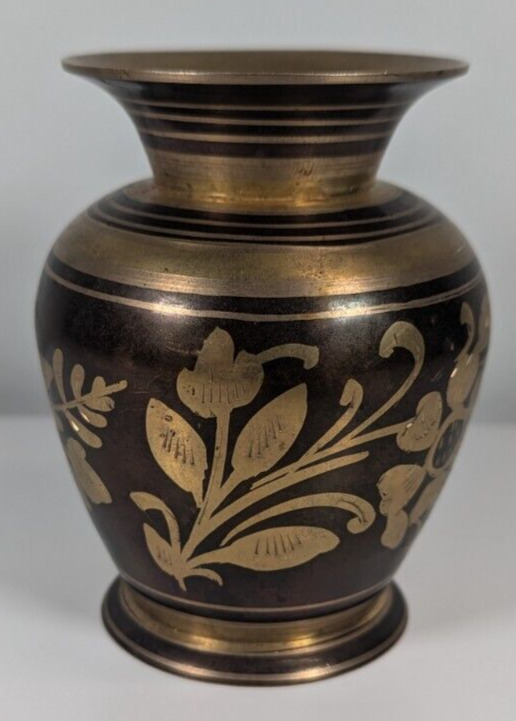 Vintage Solid Brass Etched Enameled Black and Gold Floral Design Small Vase