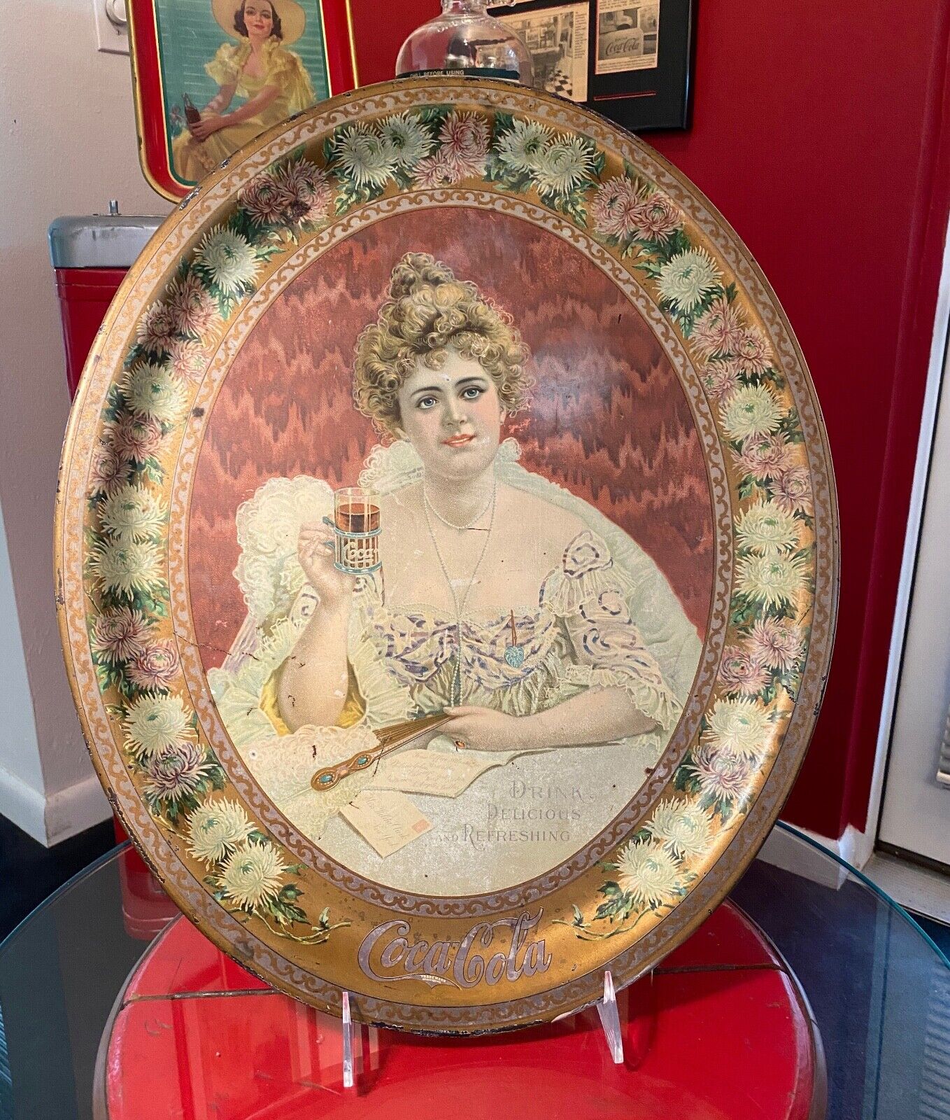 Coca Cola 1903 Hilda Clark Holding Glass Large Oval Serving Tray Chas. Shonk