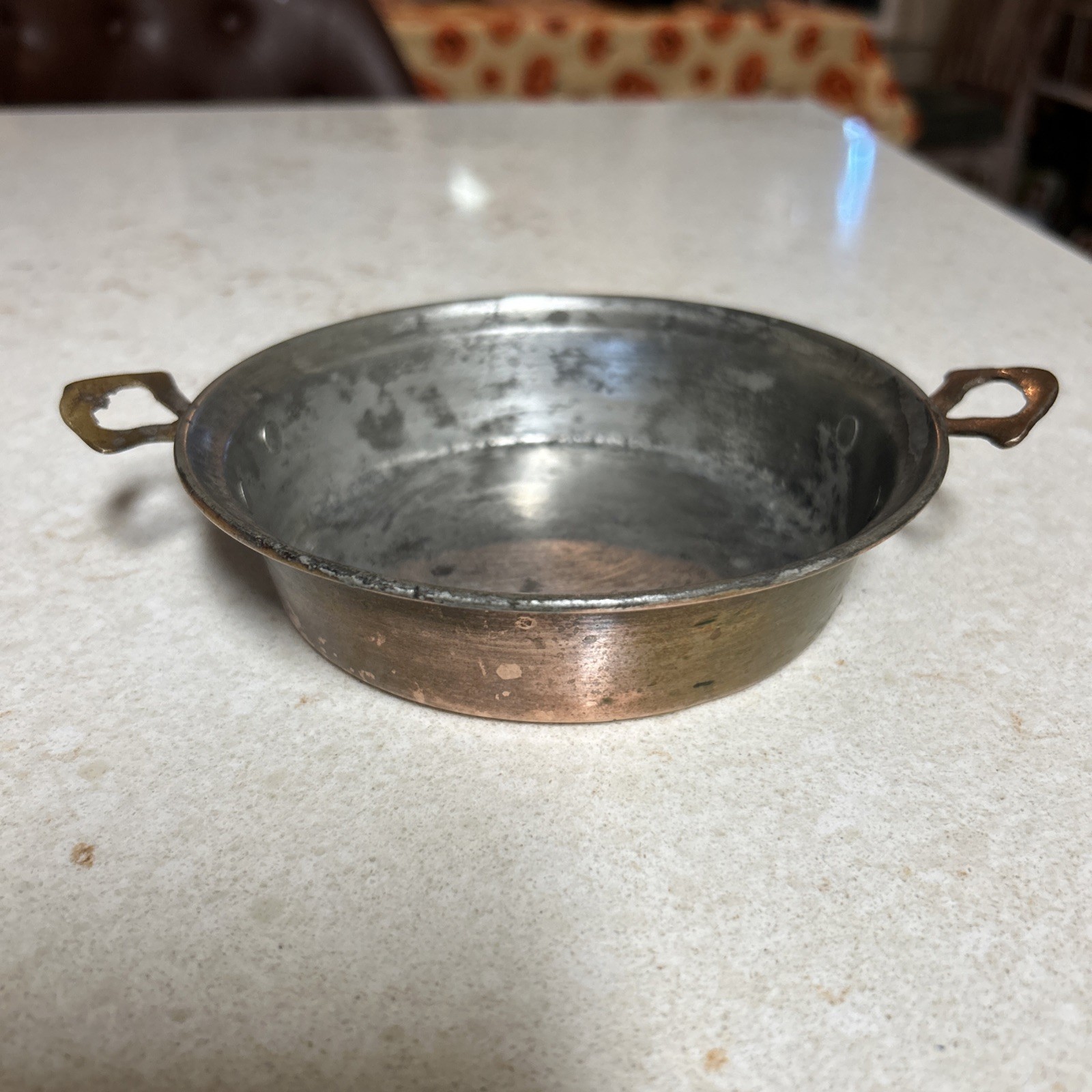 Vintage Tinned Deep Copper Pan With Bras Handles 7.5” Diameter 1.5 Depth 