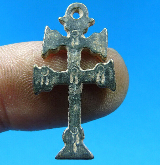 SUPERB BRONZE RARE HANDMADE CROSS RELIGIOUS MEDAL CRUCIFIX ANTIQUE PIRATE 17TH