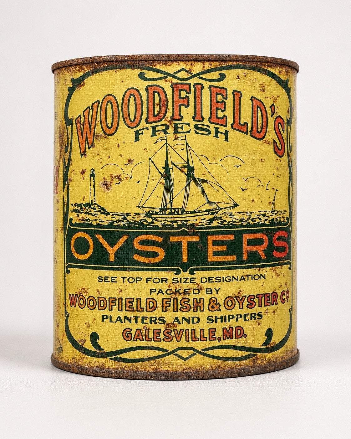 Early Vintage 1930 1 Gal Woodfields Fresh OYSTERS Tin Can Sail boat Advertising Early Vintage 1930 1 Gal Woodfields Fresh OYSTERS Tin Can Sail boat Advertising