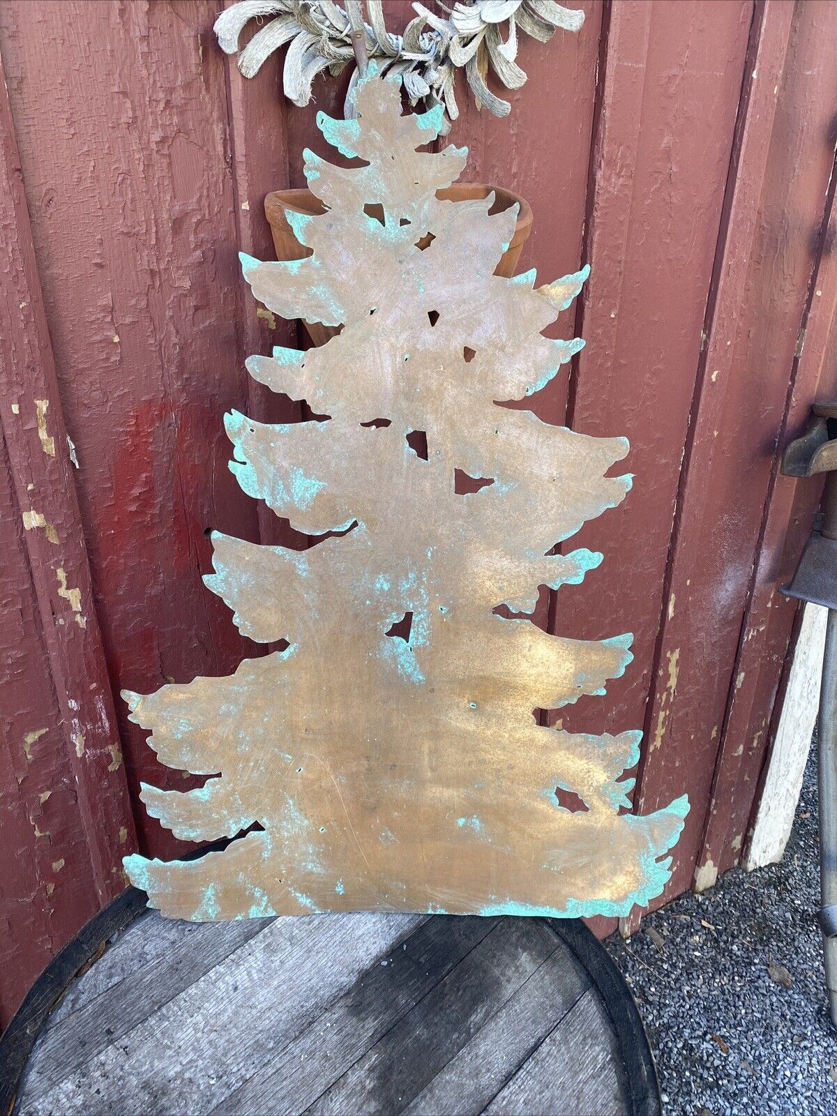 3 foot Antique Vtg Copper Artisan Christmas Tree Sign Statue