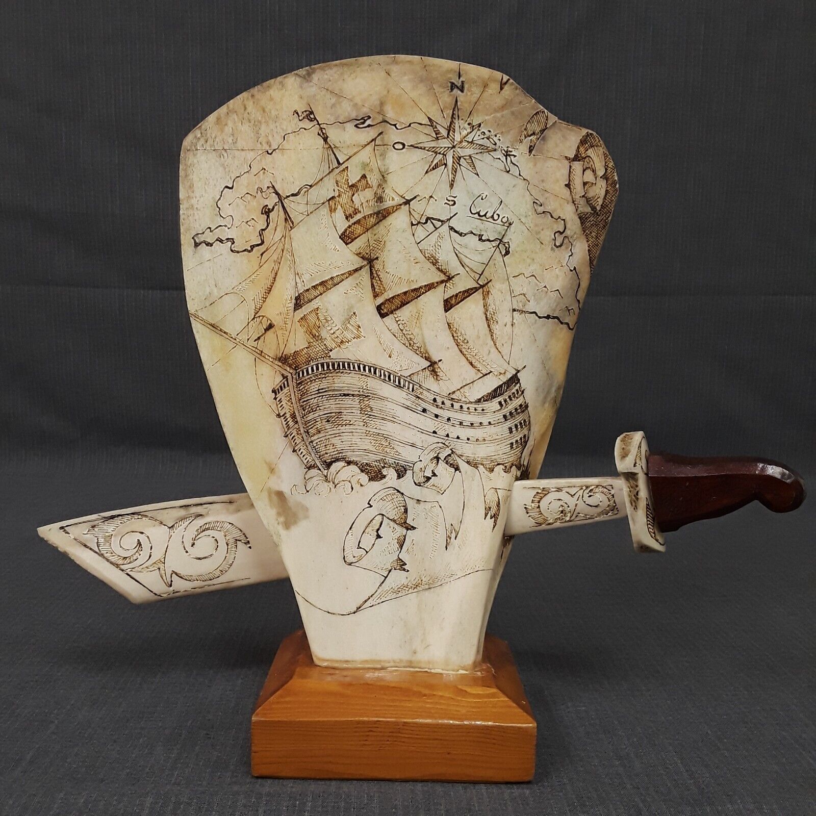 VTG Hand Carved Scrimshaw Ink Drawing Sculpture Nautical Sailboat & Sword