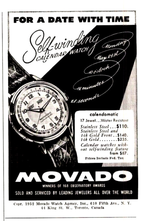 Movado Self-Winding Calendomatic Watches 1952 PRINT AD
