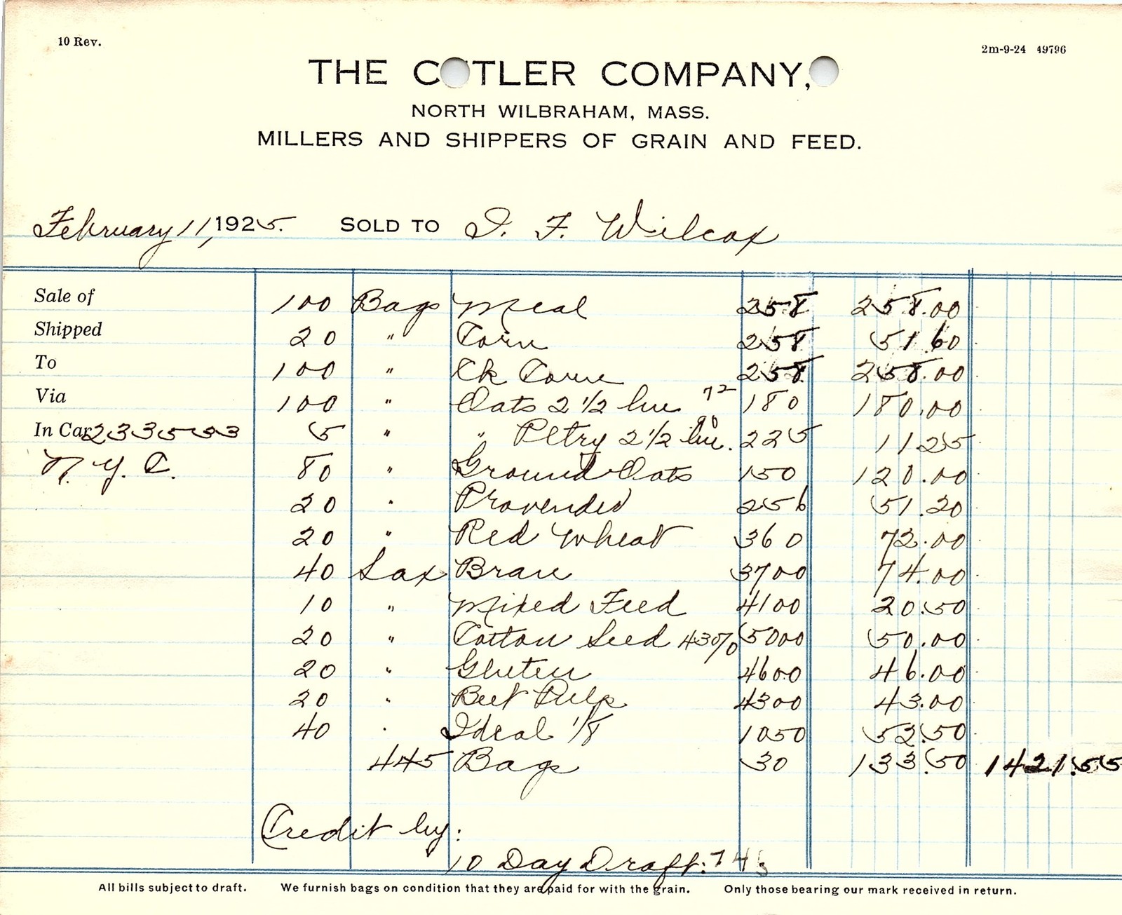 1925 The Cotler Co. (Mass) Grain/Feed Billhead - 10 Rev.