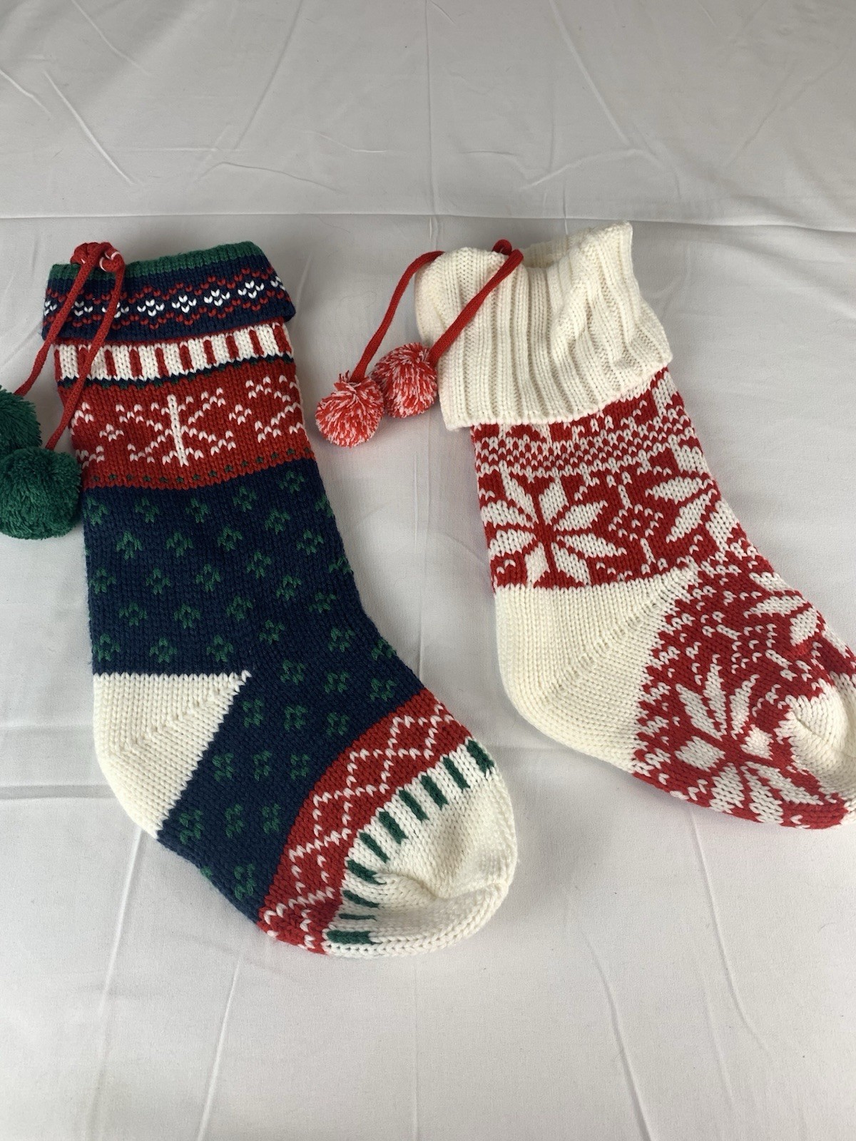 2 Nordic/Fair Isle Knit Christmas Stockings Pom Poms Berkshire Blanket/Target