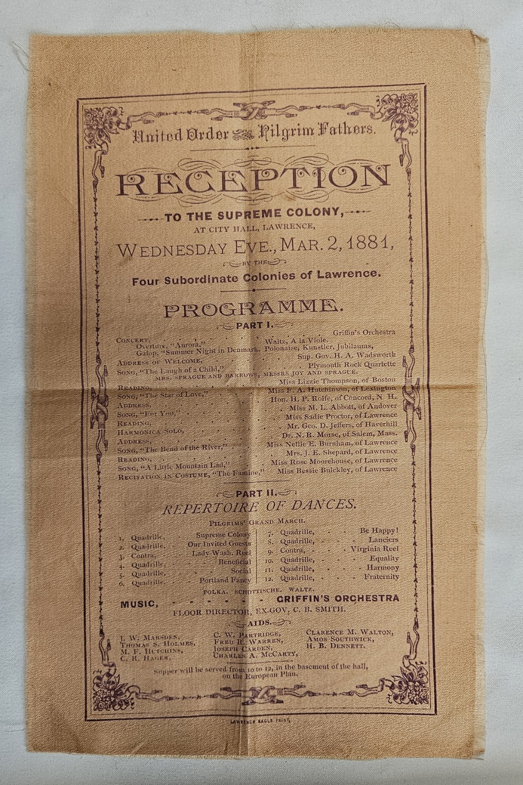 1881 United Order of Pilgrim Fathers Silk Broadside Lawrence MA Supreme Colony