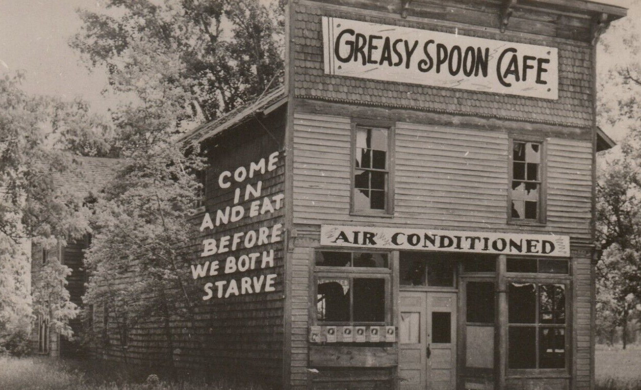 Greasy Spoon Cafe exaggerated humor food RPPC Postcard